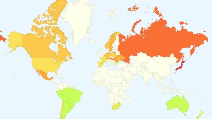 Grippehäufigkeit auf der Weltkarte von Google Flu Trends