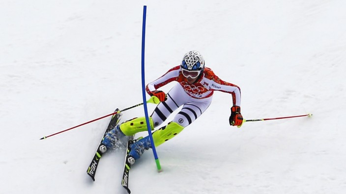 Germany's Hoefl-Riesch competes in the slalom run of the women's alpine skiing super combined event at the 2014 Sochi Winter Olympics