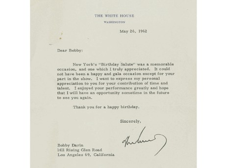 Dankschreiben von John F. Kennedy an den Entertainer Bobby Darin, 1962