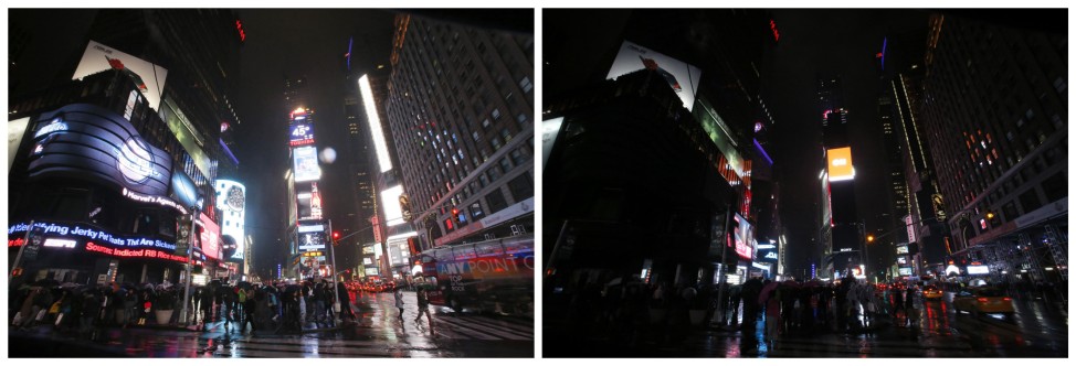 A combination picture shows Times Square before and during Earth Hour in New York