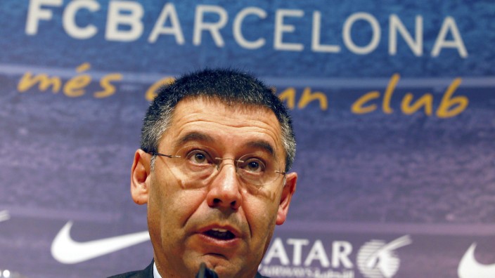 Barcelona's President Bartomeu speaks during a news conference at Camp Nou stadium in Barcelona
