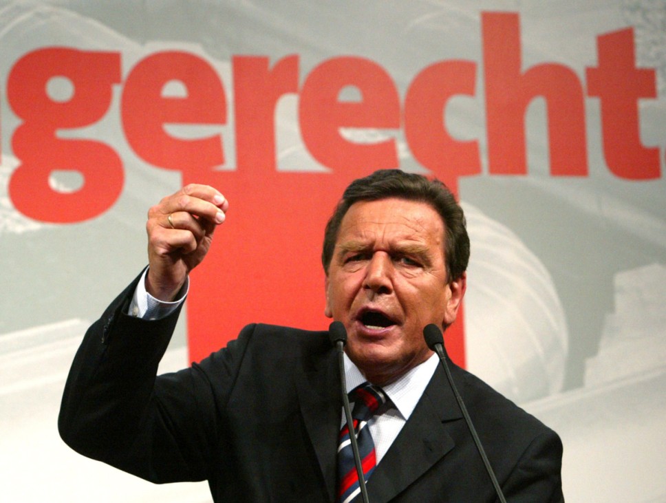 German Chancellor Gerhard Schroeder gives a speech during an election rally in Leipzig