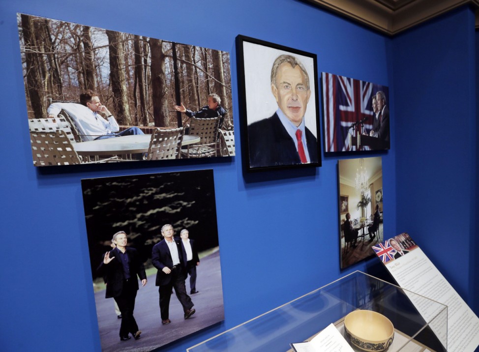 A portrait of former British Prime Minister Blair, painted by former U.S. President Bush, hangs on display during 'The Art of Leadership: A President's Personal Diplomacy' exhibit at the George W. Bush Presidential Library and Museum in Dallas