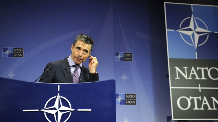 Rasmussen addresses a news conference during a NATO foreign ministers meeting at the Alliance headquarters in Brussels
