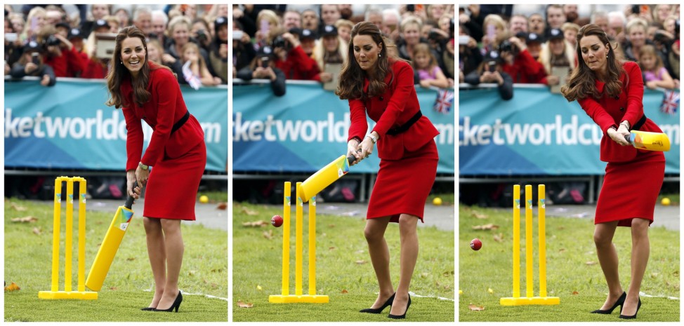 A combination picture shows Catherine, the Duchess of Cambridge, trying to hit a ball using a cricket bat as she and her husband, Britain's Prince William, attend a promotional event for the upcoming Cricket World Cup in Christchurch
