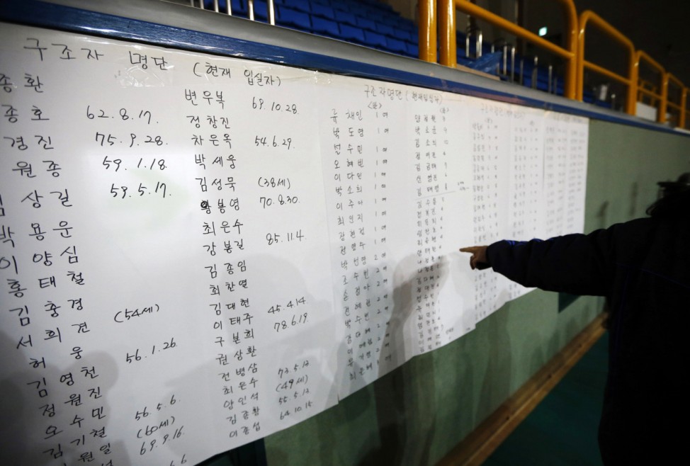 A man points at a name in the survivors name list at a gym where rescued passengers gather in Jindo