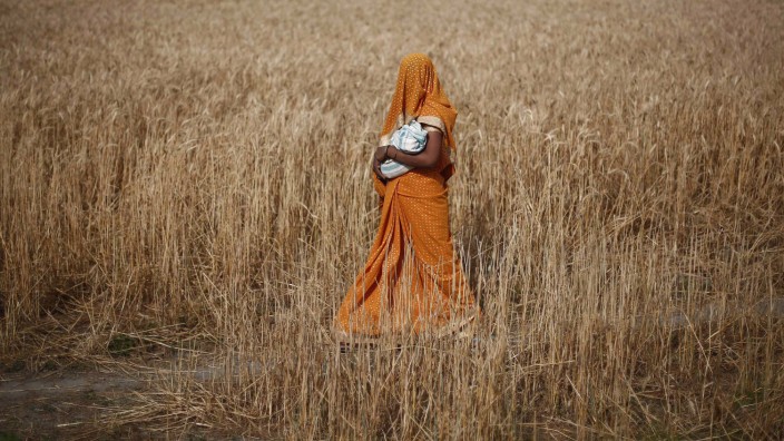 Woman carries her baby as she walks through a wheat field on her way to a polling station to cast her vote in Shabazpur Dor village