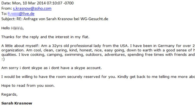 Mietbetrug: Sarah Krasnow stellt sich in einer E-Mail als unkomplizierte Vermittlerin eines Zimmers vor. Doch das gibt es gar nicht - und Sarah wahrscheinlich ebenfalls nicht. Zum Vergrößern des Bildes bitte klicken.