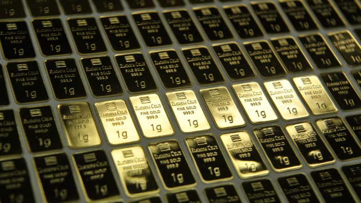One gram gold bars are pictured side-by-side at the Zlatarna Celje in Celje