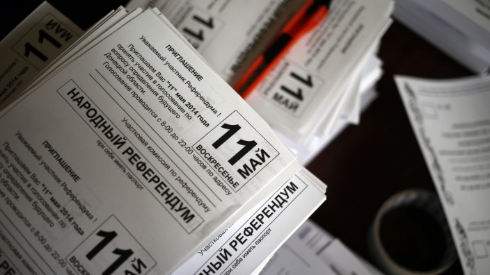Referendum materials are pictured inside the commission headquarters in Donetsk, eastern Ukraine