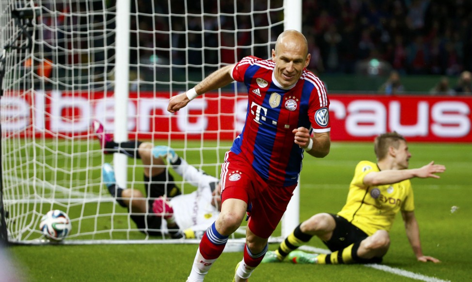 Bayern Munich's Robben celebrates after scoring a goal against Borussia Dortmund during their German Cup (DFB Pokal) final soccer match in Berlin