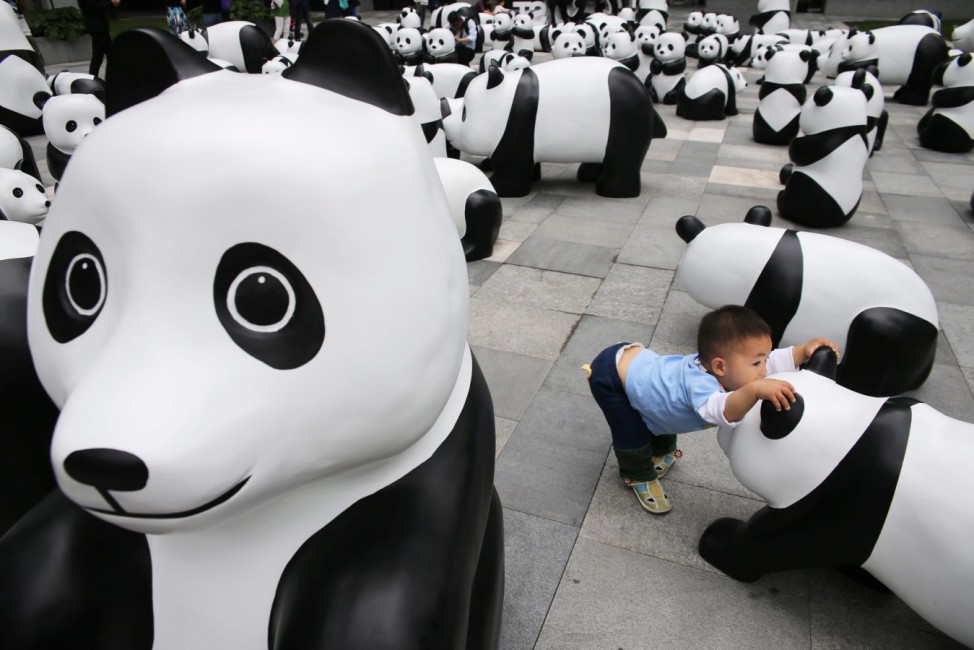 100 panda sculptures made of recycled bamboo