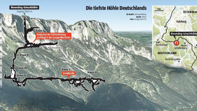 Rettungsdrama in der Riesendinghöhle: Die Riesending-Schachthöhle ist die tiefste Höhle Deutschlands. Der Verletzte liegt in etwa 1000 Metern Tiefe.