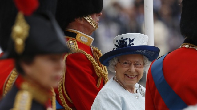 Britain's Queen Elizabeth smiles during the annual Trooping the Colour ceremony at Horse Guards Parade in central London