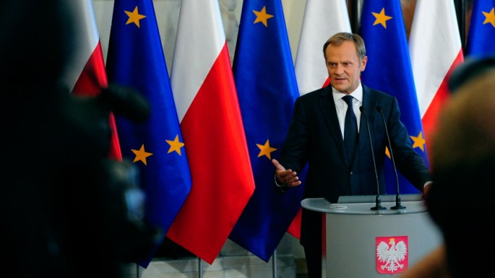 Poland's PM Tusk speaks during a news conference in Warsaw