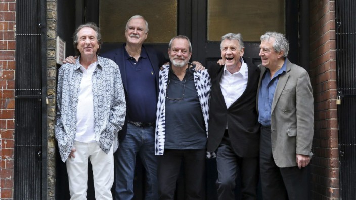 Members of British comedy troupe Monty Python pose for a photograph during a media event in central London
