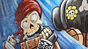 Graffiti-Künstler Z-Rok: Wohl ins Rum-Fass gefallen? Ein betrunkener Pirat an der Brudermühlbrücke.