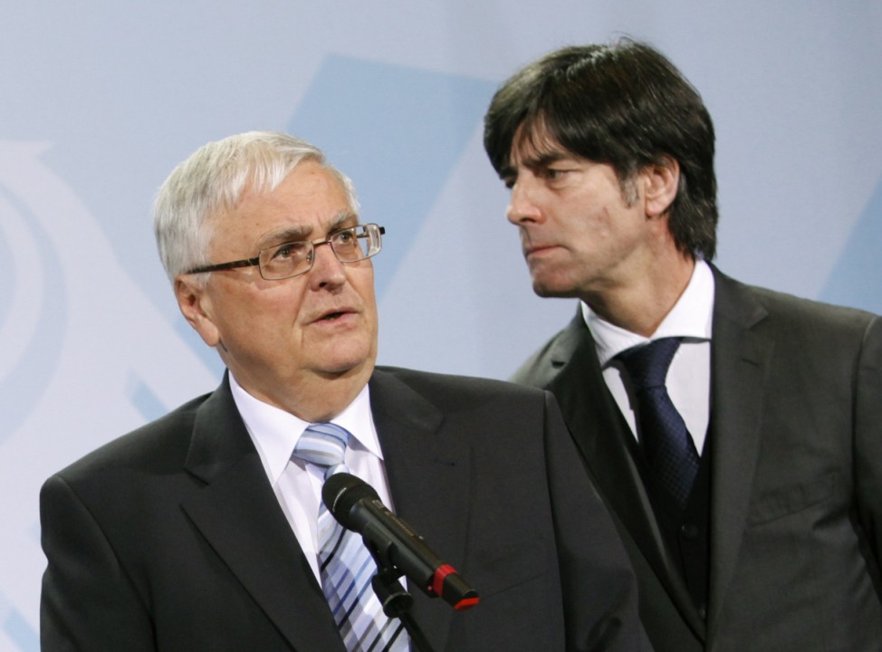 DFB President  Zwanziger and national team coach Loew attend reception at Chancellery in Berlin