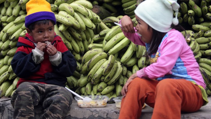 Indigenous children who live in the Isiboro Secure Territory, eat before the arrival of Bolivian President Evo Morales in La Paz