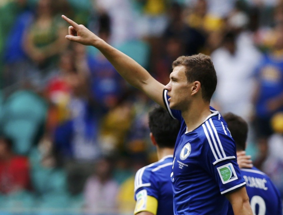 Bosnia's Dzeko celebrates after scoring a goal during their 2014 World Cup Group F soccer match against Iran at the Fonte Nova arena in Salvador