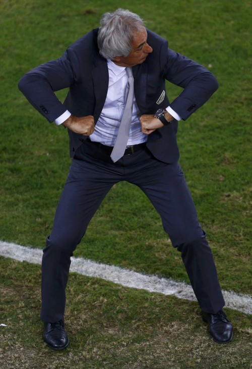 Algeria's coach Halilhodzic reacts during the 2014 World Cup Group H soccer match between Algeria and Russia in Curitiba