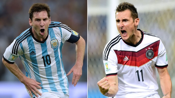 Deutschland und Argentinien im Vergleich: Links die Schnecke, rechts der angelnde Superheld: Lionel Messi und Miroslav Klose.