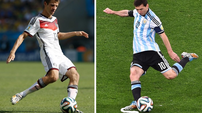 Statistik zum WM-Finale: Hier noch als Bildkomposition, heute Abend Gegner auf demselben Grün: Thomas Müller und Lionel Messi.