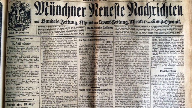 Münchner Neueste Nachrichten vom 14. Juli 1914: Titelseite der Münchner Neuesten Nachrichten vom 14. Juli 1914.