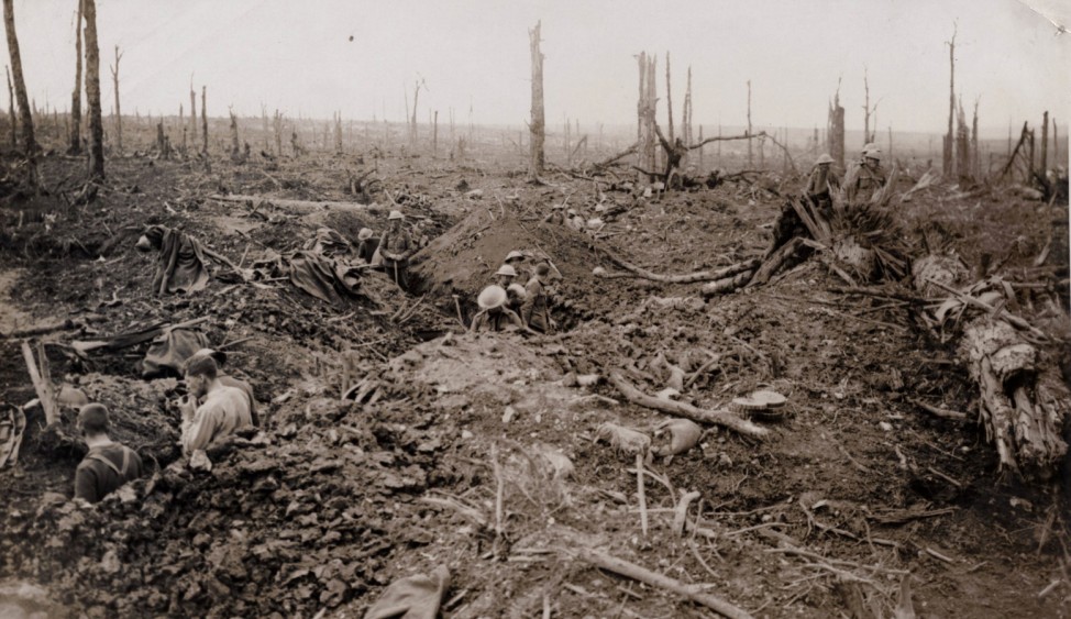 British troops are pictured in trenches on the devastated battlefield during the battle of the Somme in this 1916 handout picture