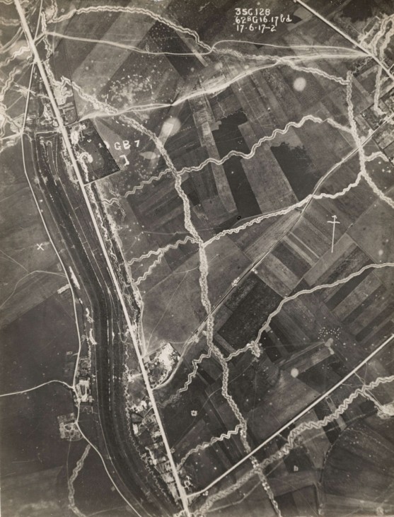 An aerial photograph taken from a British plane shows trenches carved into the land on the Western Front