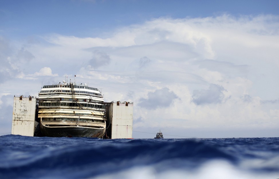 The cruise liner Costa Concordia is seen during the refloat operation at Giglio Island