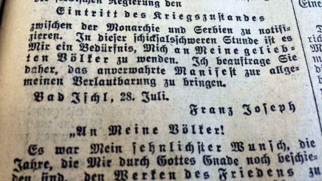 "An meine Völker!" In den Münchner Neuesten Nachrichten vom 30. Juli 1914 (Vorabendblatt) abgedrucktes "Manifest" des österreichischen Kaisers Franz Joseph I.