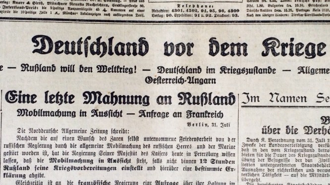 Titelseite der Münchner Neuesten Nachrichten vom 1. August 1914