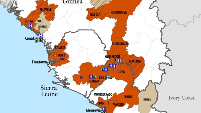 Krankheit in Westafrika: Karte der von Ebola betroffenen Gebiete (Stand: 24.07.2014)