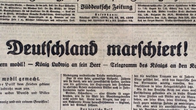 Titelseite der Münchner Neuesten Nachrichten vom 2. August 1914.
