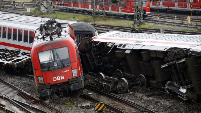 A damaged locomotive is pictured at the scene of a train crash in Mannheim