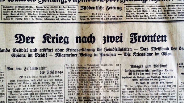 Titelseite der Münchner Neuesten Nachrichten vom 4. August 1914 (Morgenblatt).