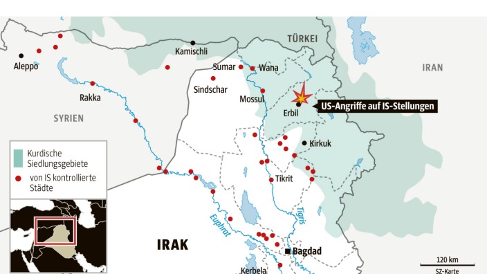 Islamischer Staat im Nordirak: Übersicht über von Kurden oder IS kontrollierten Gebiete. Zum Vergrößern auf das Bild klicken.