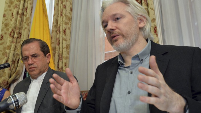 WikiLeaks founder Julian Assange speaks during a news conference at the Ecuadorian embassy in central London