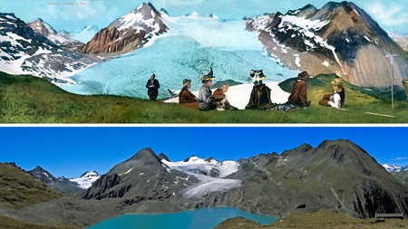 Gries- und Hohsandgletscher im Wallis, um 1900 und 2007, Schweiz, Gletscher