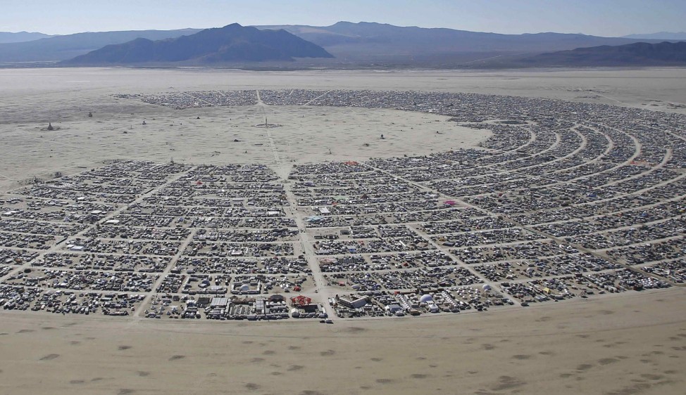 An aerial view during the Burning Man 2014 'Caravansary' arts and music festival in the Black Rock Desert of Nevada