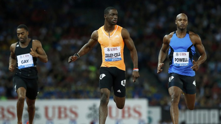 Gay of the U.S., Bailey-Cole of Jamaica and Powell of Jamaica compete in the men's 100m A event of the Weltklasse Diamond League meeting at the Letzigrund stadium in Zurich