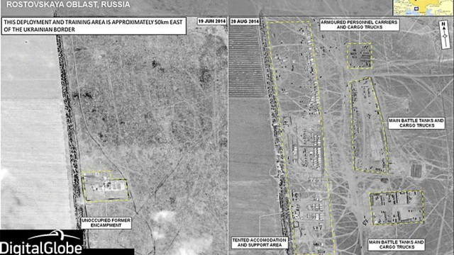 Nato-Beweise für Truppenbewegungen: Die Bildkombination zeigt Satellitenaufnahmen vom selben Ort in der Oblast Rostow nahe der ukrainischen Grenze: links vom 19. Juni, rechts zwei Monate später vom 20. August