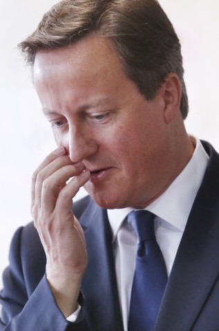 Britain's Prime Minister David Cameron pauses during a visit to engineering company MacTaggart Scott in Edinburgh