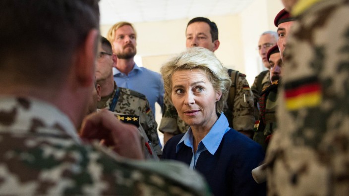 German Defence Minister Von der Leyen visits a barracks where Kurdish Peschmerga fighters are trained by the German army in Arbil