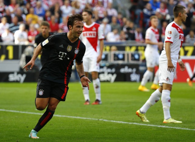 Bayern Munich's Mario Goetze celebrates after scoring a goal against FC Cologne during their German first division Bundesliga soccer match in Cologne