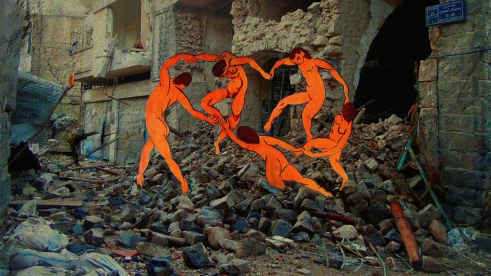 Literatur und Kunst aus Syrien: Der Künstler Tammam Azzam montiert bekannte Motive europäischer Künstler in die syrische Kriegskulisse, hier die Tanzenden von Matisse auf Trümmern.