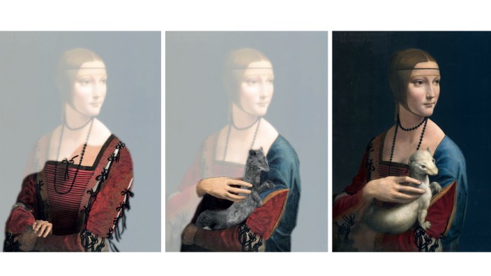 Leonardo da Vincis "Cecilia Gallerani" in den ersten beiden vorläufigen Fassungen (links) und das Endergebnis (rechts).