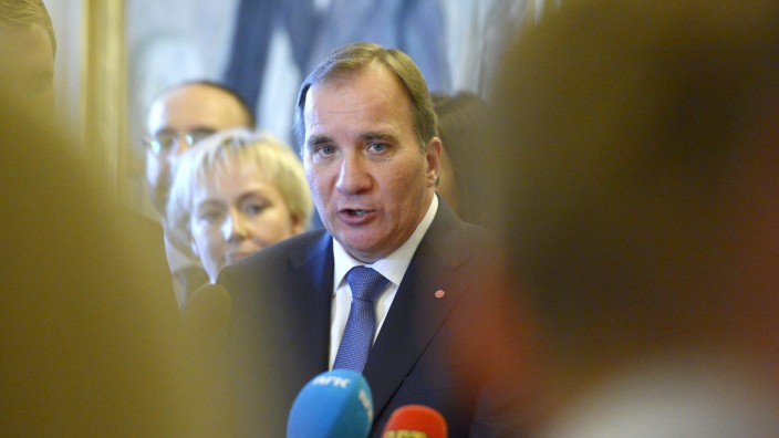 Swedish PM Lofven gives a news conference after his government declaration at the Swedish parliament Riksdagen in Stockholm