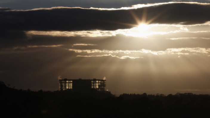 The sun sets over Hunterston nuclear power station in West Kilbride, Scotland